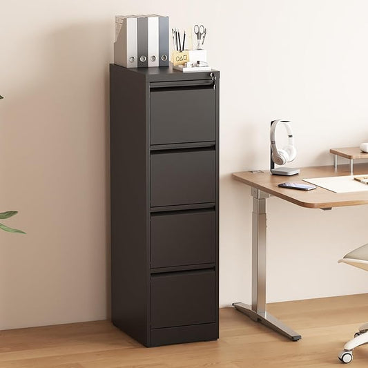 4 Drawer File Cabinet with Lock, Vertical Filing Cabinets for Home Office, Metal Storage Cabinets, Heavy Duty File Cabinet for Letter/Legal/A4/F4 Size Amsseble Required, Black