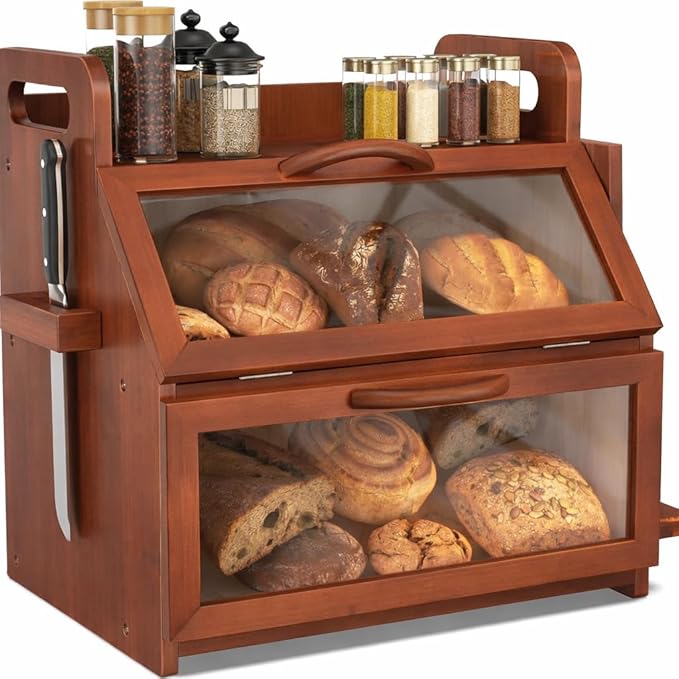 BAMBANG Extra Large Bread Box, Double Layer Bread Box for Homemade Bread, Bamboo Wooden Bread Storage Container with Tool Holder & Handles & Window, Assembly Required(14.9" x 11" x 15.3") Brown