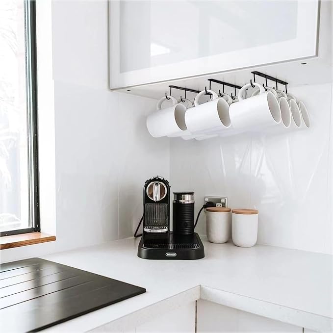 Mug Holder Under Cabinet 2pcs Coffee Mug Rack Metal Mug Organizer Under Shelf Mug Hanger Storage with 8 Hooks for Bar Kitchen Utensils/Coffee/Tea Cup Black