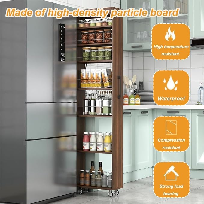 7 Tier Slim Storage Cart, Rolling Spice Rack Next to Fridge Slim, Narrow Storage Cabinet, Wood Storage Organizer with Handle Wheels for Kitchen, Dining Room (7 Tier - Walnut2)