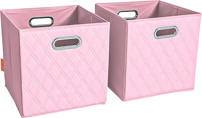 FH Group JIAessentials 11" Faux Leather Foldable Storage Cube Bins Set of 2 – Pink Diamond Patterned Organizers with Handles for Closet & Shelves