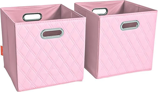 FH Group JIAessentials 11" Faux Leather Foldable Storage Cube Bins Set of 2 – Pink Diamond Patterned Organizers with Handles for Closet & Shelves