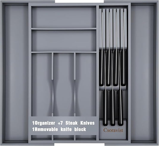 9-Piece Bamboo Kitchen Drawer Organizer Set, Expandable Silverware &Utensil Organizer with Removable Knife Block & Steak Knives, Flatware Organization, Tableware Dividers Storage(Gray)