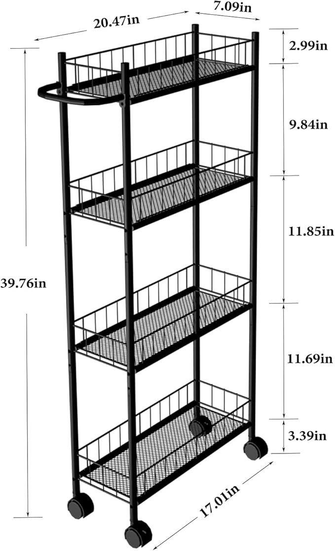 Utility Slim Storage Cart, 4-Tier Storage Cart, Narrow Cart with Handle, 7.1 Inches Deep, Metal Frame, for Kitchen, Dining Room, Living Room, Home Office, Rustic Brown and Classic (4 Tier Black)