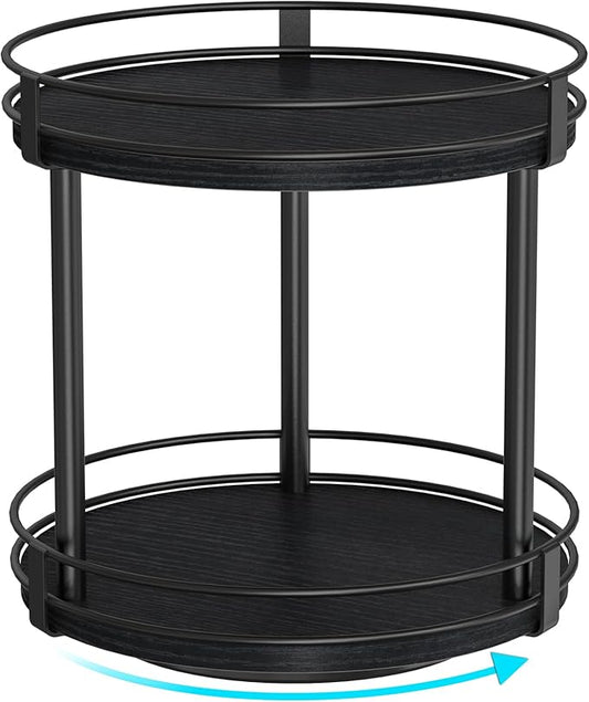 Snughome Lazy Susan Spice Rack, 2 Tier Rotating Spice Rack, Wood Lazy Susan Organizer for Cabinet, Black Kitchen Counter Shelf, 10.2" x 10.2" x 10.4"
