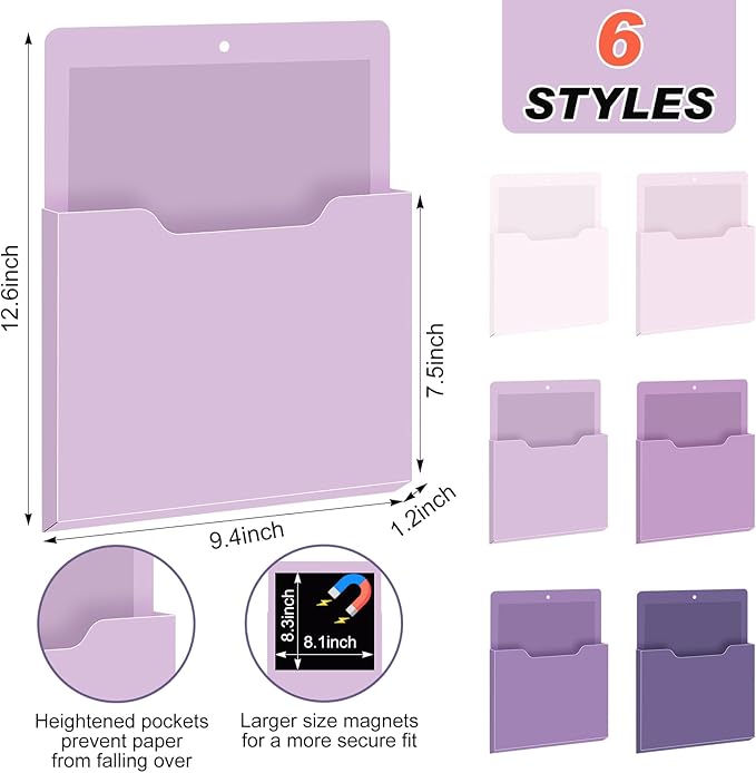 Fuutreo 6 Pcs Magnetic Wall File Organizer Magnetic Wall File Holder Refrigerator Magazine Holder for Mail Letters Paper(Violet Color,12.2 x 9.4 Inch)