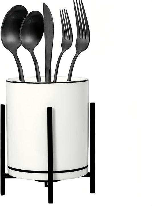 Ceramic Flatware Caddy, Silverware Caddy Cutlery Holder, Round Utensil Crock, Kitchen Utensil Holder for Countertop, Ceramic Cup wtih Black Trim and Black Metal Bracket, 1 Pcs