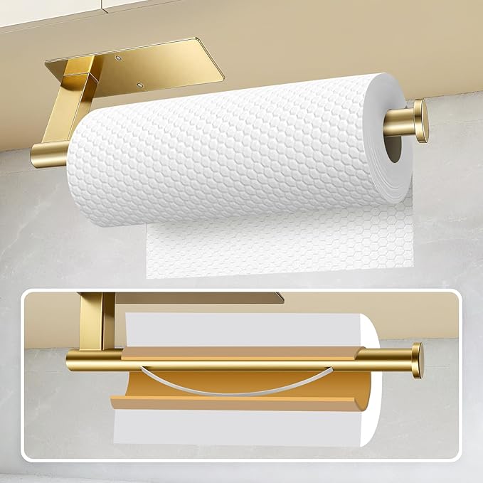 Paper Towel Holder Under Cabinet, Single Hand Operable Tearing Off Paper Towels with Damping Effect, Both Available in Adhesive and Screws, Stainless Steel (Gold)