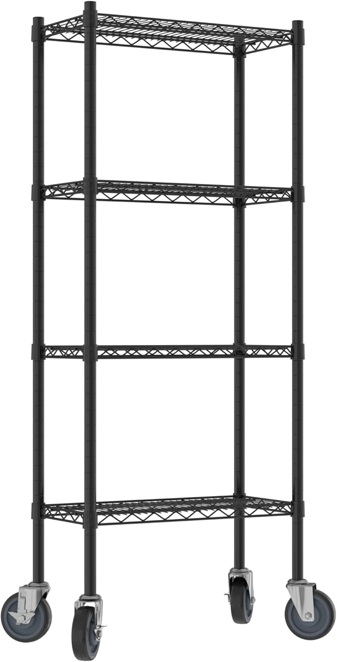 Commercial NSF Listed Black Epoxy Mobile Wire Shelving Kit 12" x 24" x 60", with 4 Shelves Perfect for Warehouse, Walk-in Refrigerator, Freezer, Grocery Store, Restaurant, Dishroom