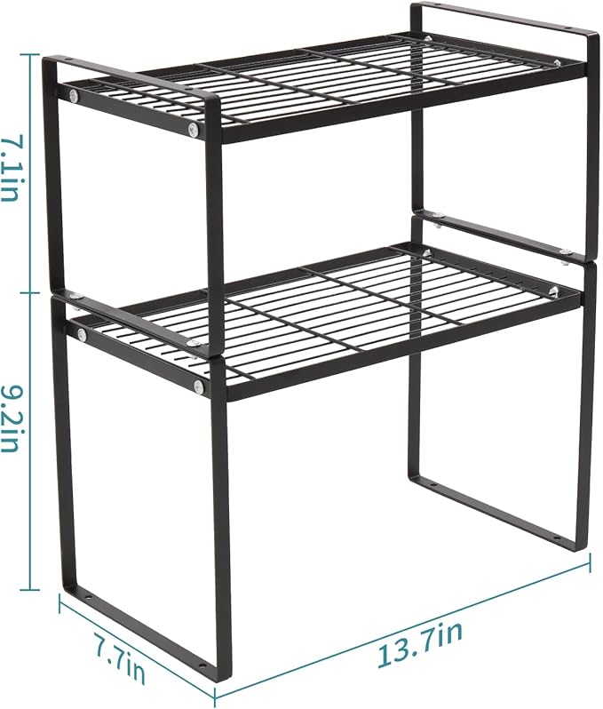 MiaLi Cabinet Organizer Shelf, Set of 2 Metal Counter Shelves Spice Rack, Stackable Kitchen Bathroom Organizers and Storage, Black
