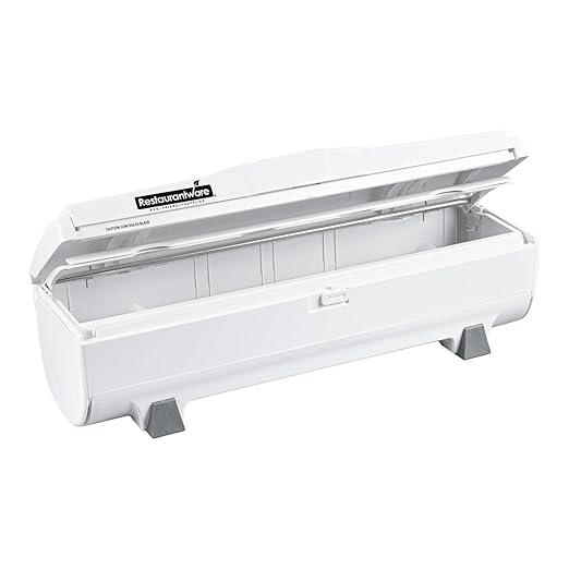 Restaurantware-Chef 101 Food Wrap Dispenser with Cutter, 1 Refillable Cling Wrap Dispenser - Fits 12â€ to 18â€ x 2000â€™ Rolls, Press Down and Cut, White Plastic Aluminum Foil, Sharp Blade