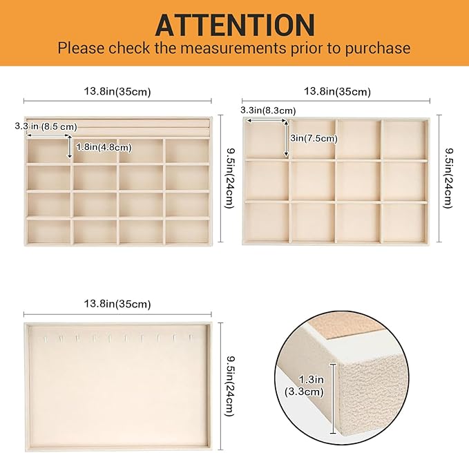 ProCase Stackable Large Jewelry Drawer Organizer, 3 Pack Velvet Jewelry Organizer Tray with Removable Dividers for Earring Necklace Bracelet -Beige