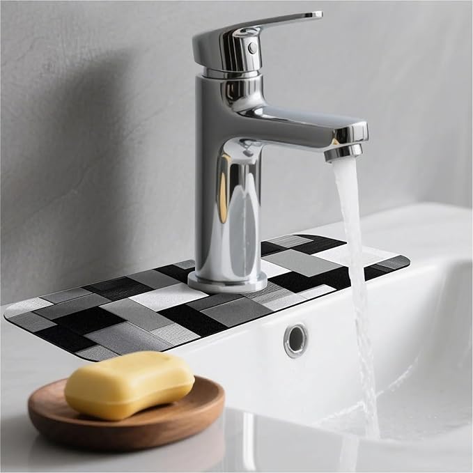 Kitchen Sink Splash Guard，Abstract geometric Faucet Mat Sink Gadgets-Super Absorbent Fast Drying Mat Drip Catcher for Kitchen, Bathroom,Sink Mat, Dish Drying Mat, Bathroom(15" X 5.5" )