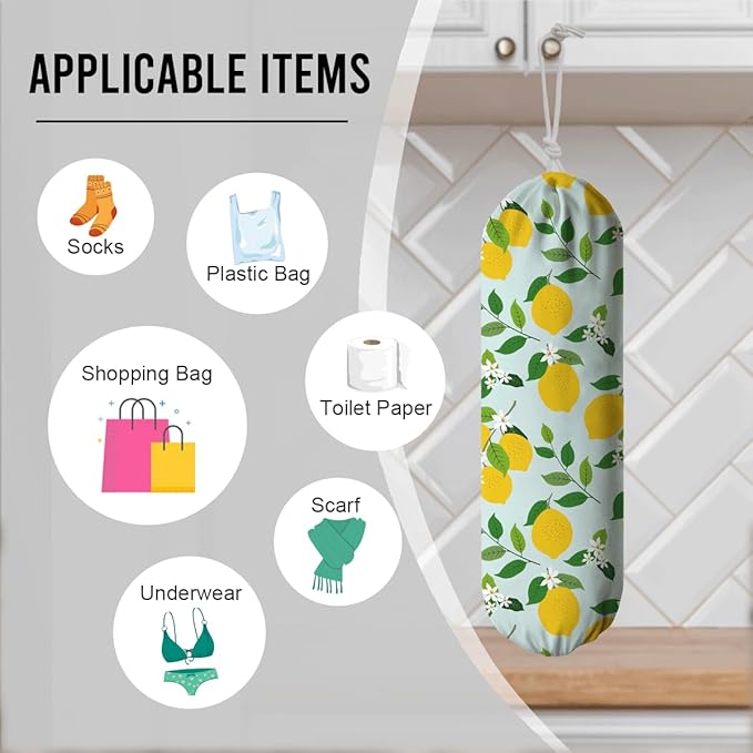 Lemon Plastic Bags Holder, Grocery Bag Storage Organizer, Reusable Shopping Bags Holder Dispenser for Kitchens Pantry, Farmhouse Home Kitchen Decor Gifts, Kitchen Pattern Garbage Bag 43