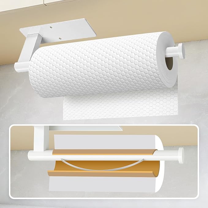 Paper Towel Holder Under Cabinet, Single Hand Operable Tearing Off Paper Towels with Damping Effect, Both Available in Adhesive and Screws, Stainless Steel (White)