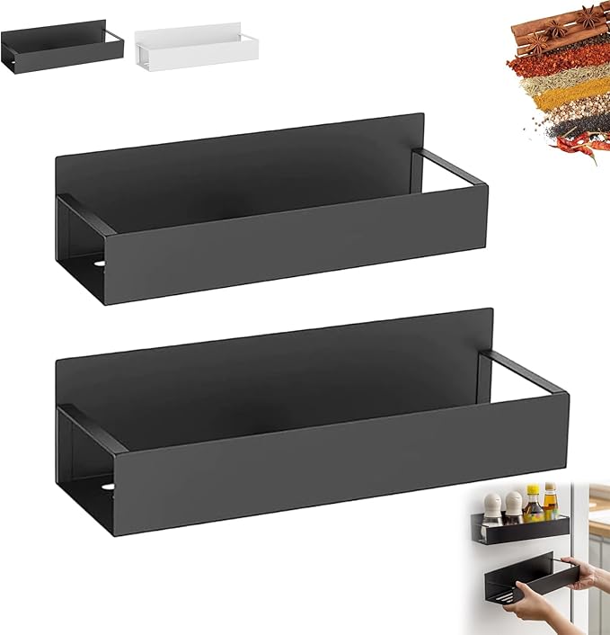 Punch-Free Magnetic Storage Rack Organize - Space-Saving Kitchen Organizer, Multifunctional Movable Magnetic Shelf for Refrigerator, Versatile Metal Organizer for Holding Spices, Jars (Black, S+L)