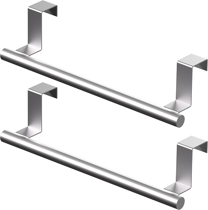 Over Cabinet Towel Bar 9", Kitchen Towel Rack Over Cabinet Door, Stainless Steel Cabinet Door Towel Holder, Dish Towel Holder for Cabinet Door, Silver, 2 Pack