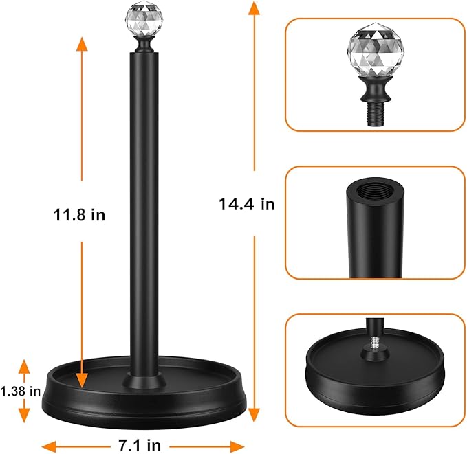 Paper Towel Holder, Steel Paper Towel Holder Countertop with Crystal Head for Kitchen Countertops, Bars & Dining Tables (Matte Black,2 Pack)