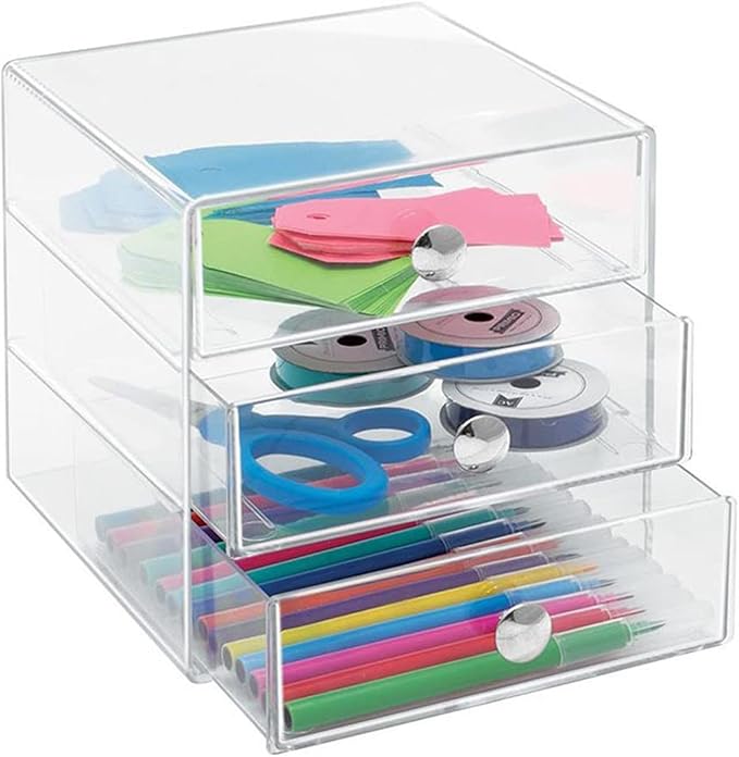 Makeup Drawer Organizer Box with 3 Drawers, Acrylic Cosmetic Display Case Vanity Organizer Jewelry Storage Box Stackable Storage for Cosmetics, Skin Care, Bathroom, Countertop, Silver Handle