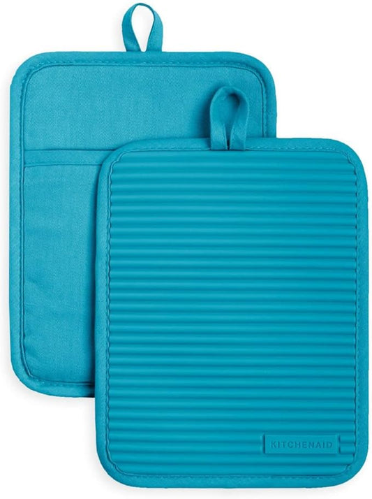 KitchenAid Ribbed Soft Silicone Pot Holder 2-Pack Set, Ocean Drive Blue, 7"x9"