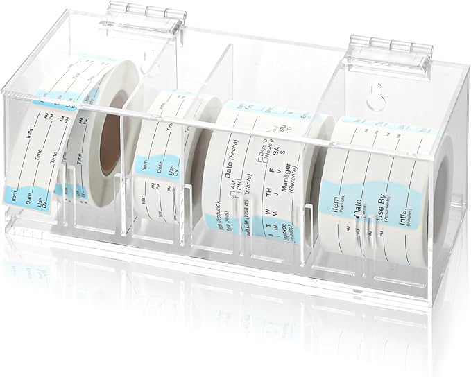 Adjustable Label Dispenser 4 Disks Sticker Roll Holder Acrylic Sticker Dispenser 9" x 3.5" x 3.5" Dissolvable Food Label Sticker Holder Organizer Label Stand for Date Sticker Label Desktop（No Label）