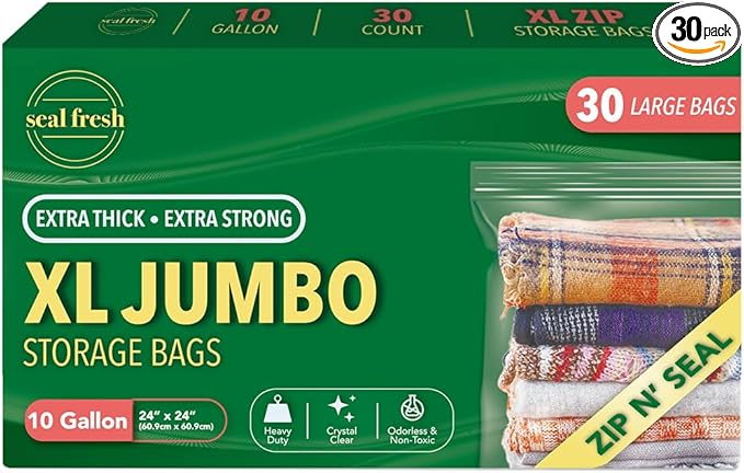 Seal Fresh 10 Gallon Large Plastic Storage Bags – 24" x 24" (30 Count) – Reusuable XXL Extra Large Heavy Duty Clear Jumbo Freezer Zip Bags with Sealable Zipper Top For Clothes, Travel, Moving
