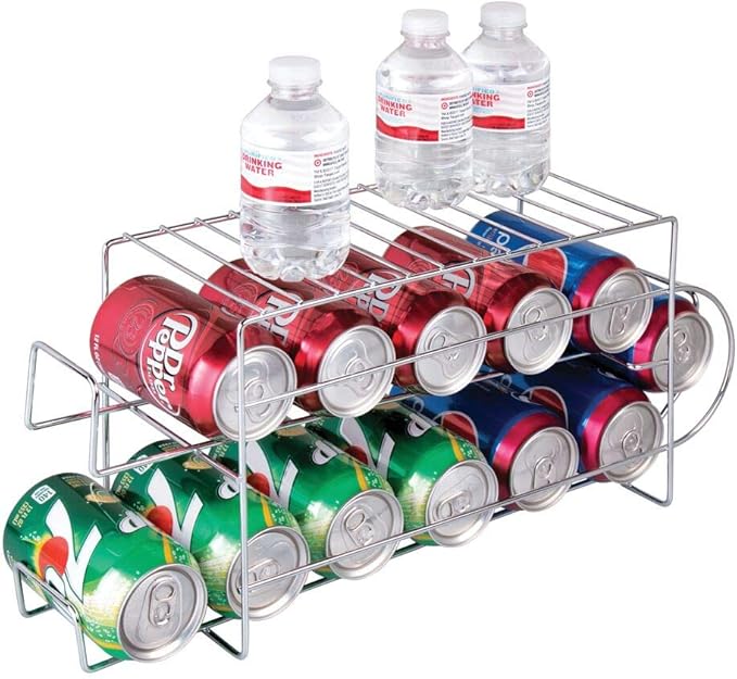 mDesign 2-Tier Metal Wire Standing Pop/Soda and Food Can Dispenser Storage Rack Organizer with Top Shelf for Kitchen Pantry, Countertop, Cabinet - Holds 12 Cans - Chrome