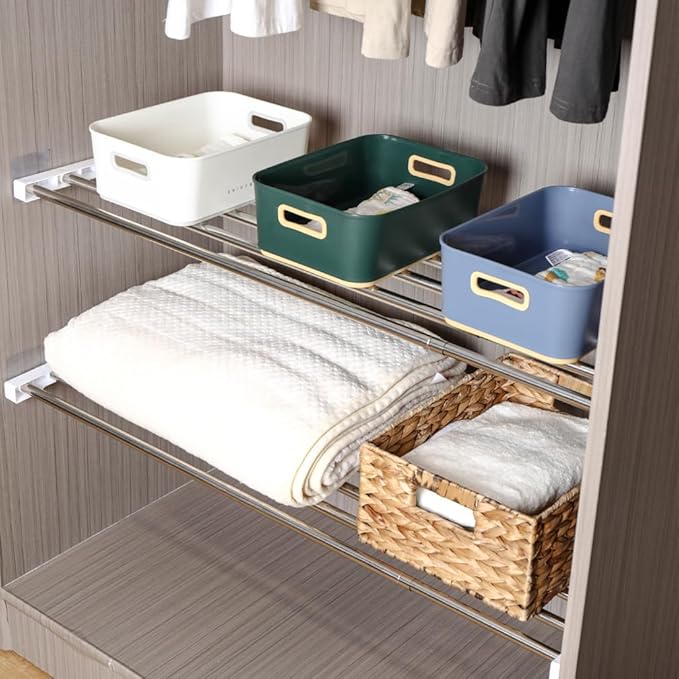 Hershii Expandable Closet Shelf Wardrobe Rail Metal Hanging Rod Storage Rack Adjustable Clothes Divider Separator Organizer for Cabinet Cupboard Kitchen Bathroom, (21.65''-35.43'') X 9.84''
