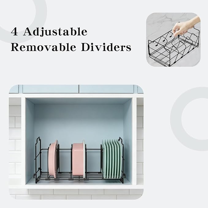 Lid Organizer, Lid Organizer for Plastic Lids, 13.6×8.5×7.1 Inches, Large Capacity Adjustable with 4 Removable Dividers, Black for Kitchen Cabinets, Drawers