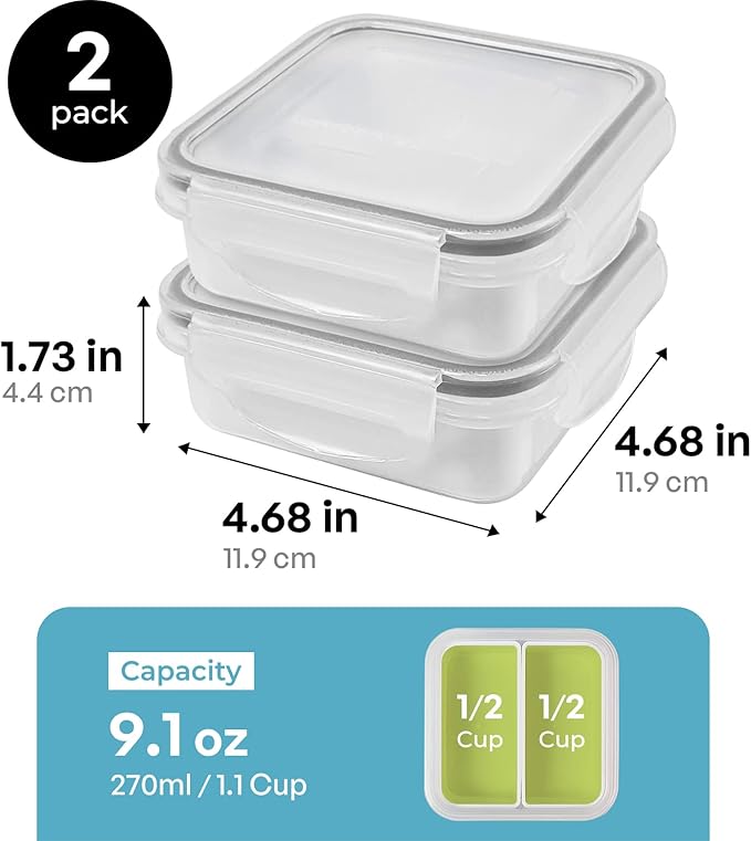 carrotez 2 Compartment Small Snack Containers, Mini Snack Containers for Mini Fridge, Small Divided Food Storage Containers, Airtight Lids, Reusable, 1.1 cup, 2 PACK