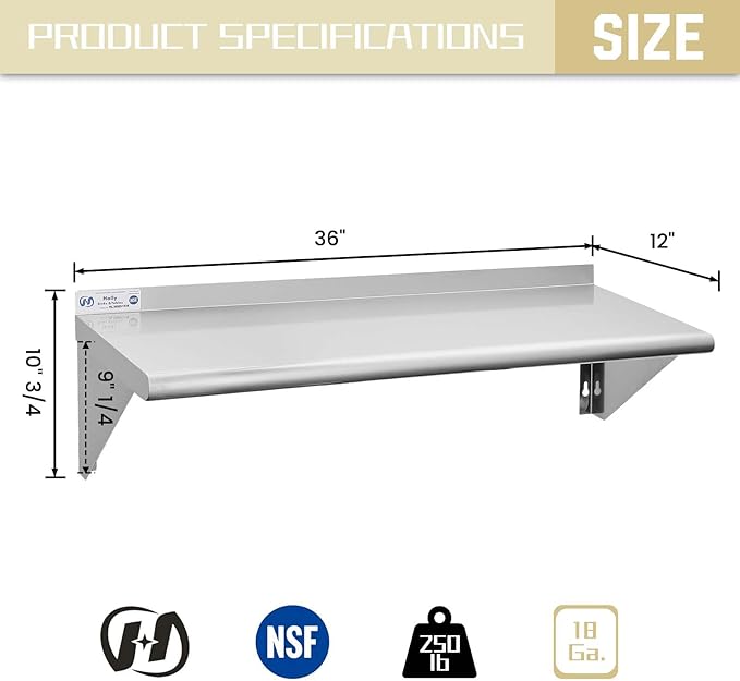 Hally Stainless Steel Shelf 12 x 36 Inches 250 lb, NSF Commercial Wall Mount Floating Shelving for Restaurant, Kitchen, Home and Hotel