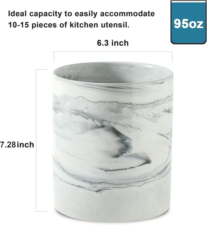 7.2 inch Large Utensil Holder for Kitchen Counter, Golden Marble Utensil Crock Spatula Holder for Countertop Cooking Tools Storage Caddy Farmhouse Kitchen Decor (Marble-Grey)