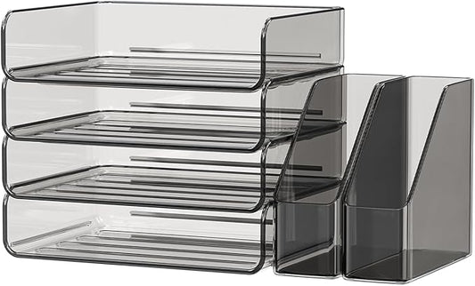 Acrylic Paper Organizer with Movable Bookends, 4-Tier Stackable Paper Tray for Desk, Brown Clear File & Letter Tray Organizer Office