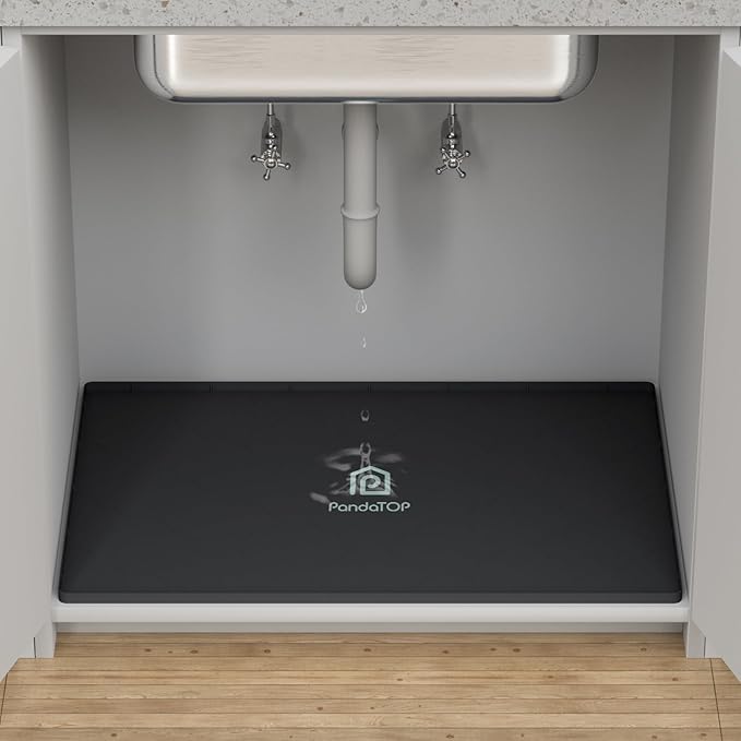 Under Sink Mat, 31" x 22" Silicone Kitchen Cabinet Tray, Waterproof & Flexible Under Sink Liner for Kitchen Bathroom and Laundry Room(Black)