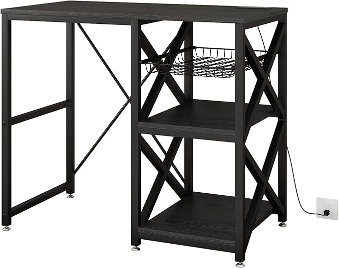 Kitchen Bakers Rack with Power Outlet,Mini Fridge Cabinet with Mesh Basket, Mini Fridge and Microwave Table with Storage for Office,Kitchen,Living Room,Coffee Bar,Patio, Black