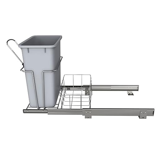 Rev-A-Shelf 20 Quart Pullout Kitchen Cabinet Metal Wire Sliding Universal Trash Can with Rear Basket for Waste Disposal and Organization RUKD-1420RB-1