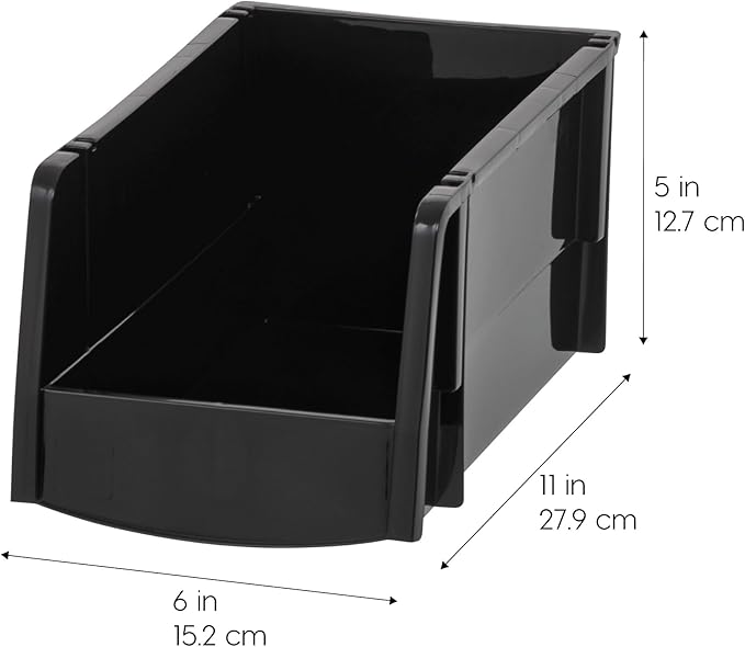 IRIS USA Medium Stackable Storage Bins, 4-Pack, 11"L x 6"W x 5"H, |Made in USA|, Plastic Open Front Shelf Bin for Organizing Parts, Hardware, Tools, Supplies, Garage Shelf, Pantry - Black