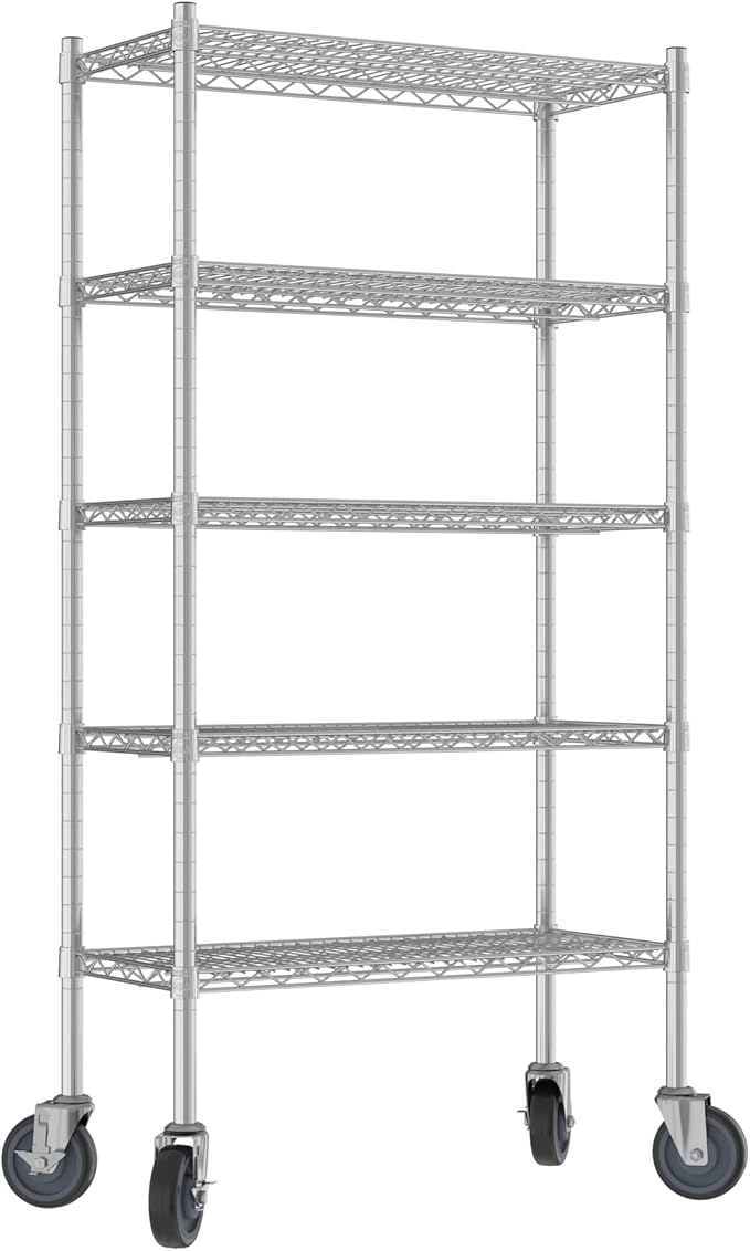 Commercial NSF Listed Chrome Mobile Wire Shelving Kit 14" x 30" x 60", with 5 Shelves Perfect for Warehouse, Walk-in Refrigerator, Freezer, Grocery Store, Restaurant, Dishroom