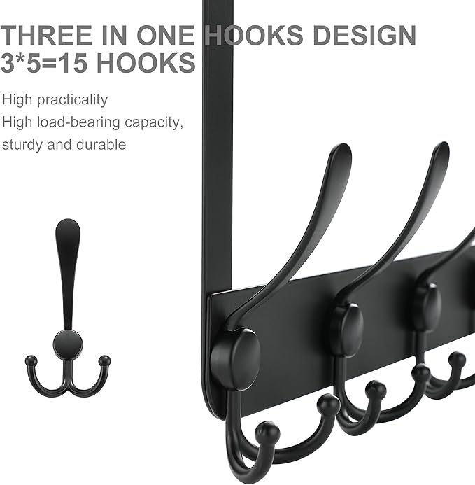 No Drill, No Installation Over The Door Coat Rack with 15 Hooks - Door Hanger Organizer for Towels, Coats, Hats | Bathroom, Bedroom, Closet Storage Solution