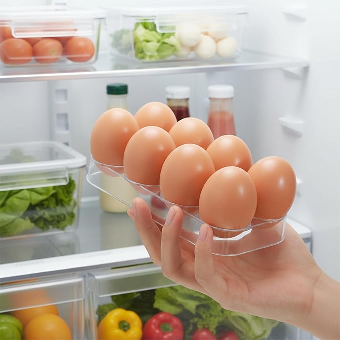 2 PCS Clear Egg Holder for Fridge, Durable Plastic Egg Storage Container Tray, Compact Kitchen Organizer Rack for Countertop, Holds 8 Eggs