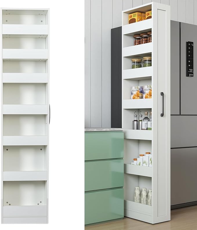 7 Tier Slim Storage Cart, Rolling Spice Rack Next to Fridge Slim, Wooden Narrow Buffet Server Storage Shelf Freestanding Shelves Units, For Living Room & Narrow Spaces (15.75*7.87*70.75in)