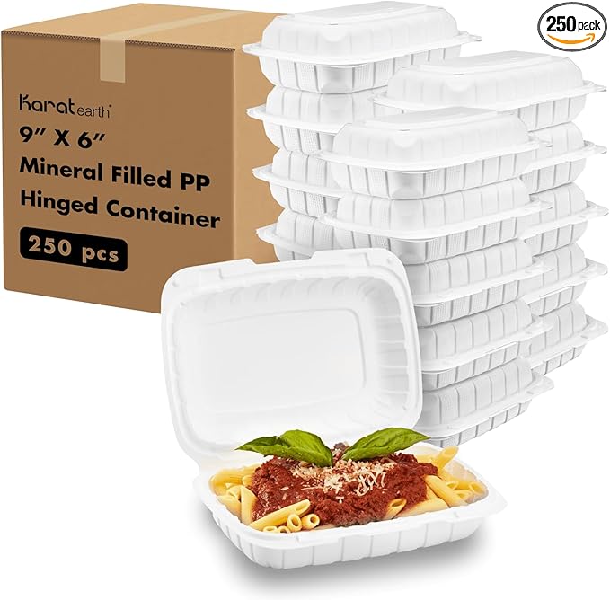 KARAT EARTH Clamshell Take Out Food Containers [9"x6" - 250 ct] To Go Containers | Microwavable, Freezer Safe, Soak-Resistant, Durable, Stackable | Vented for Hot/Cold Foods, White