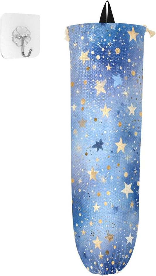 Plastic Bag Holder Wall Mount Grocery Bag Shopping Bag Storage Holder Organizer Dispenser with Adhesive Hook,for Kitchen Bathroom Home Decor 9x22 Inches Blue Romantic Golden Stars24