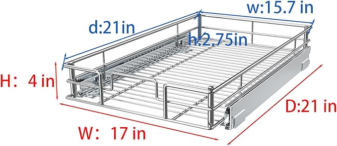 Pull Out Cabinet Organizer, 17" W x 21" D Slide Out Kitchen Cabinet Storage Shelf and Drawer Organizer NEED 18" W and 22" D Cabinet, Chrome Finish