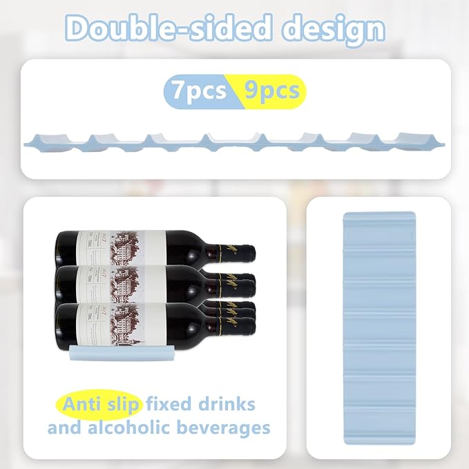 2Pcs Fridge Beverage Mat, Silicone Wine Bottle Holder, Stackable Wine Rack for Refrigerator, Fridge Can Organizer Mat for Cans and Wine Bottles (Grey and Light Blue)