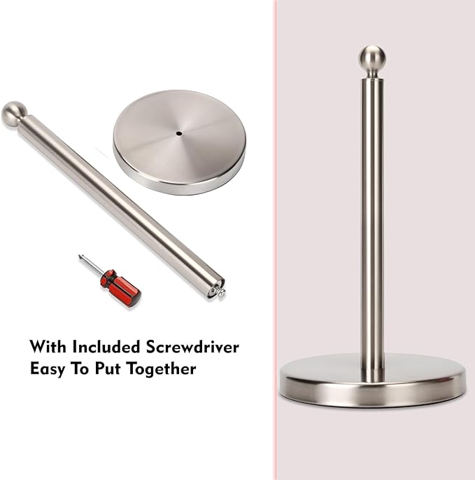 Paper Towel Holder Countertop, Standing Paper Towel Roll Holder for Kitchen Bathroom, with Weighted Base for One-Handed Operation (Stainless Steel Base, Brushed Nickel)