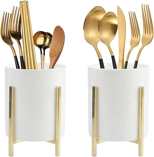 Cooking Utensil Holder, 2 Pcs Ceramic Flatware Caddy with Gold Metal Bracket, Chic & Modern Kitchen Utensil Holder for Countertop, Rustic Cooking Utensil Crock for Farmhouse Kitchen Décor