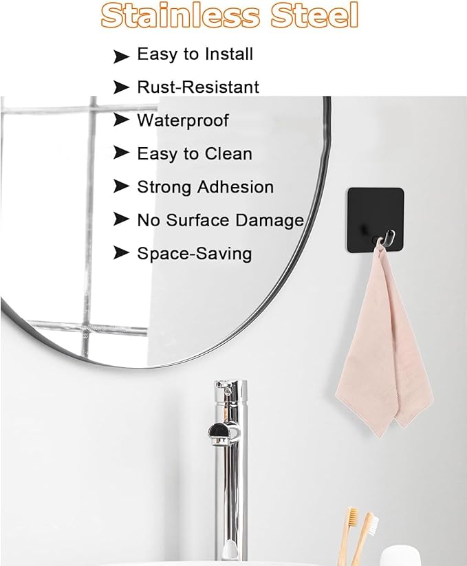 EDMILE Adhesive Towel Hooks for Bathrooms, 8 Piece Towel Hooks for Hanging Hat Robe Coat, Stick on Hooks for Kitchens, Strong Self-Adhesive No Damage Sticky Hook, Black