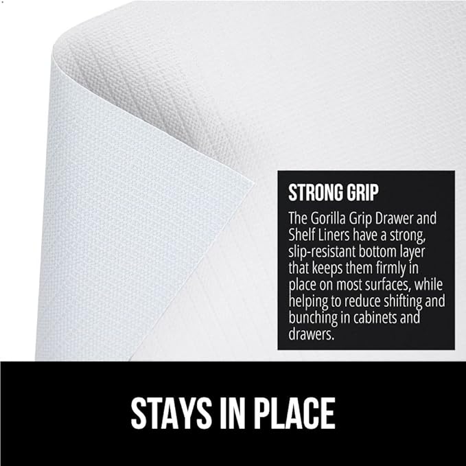 GORILLA GRIP DripGuard Shelf Liner, Non Adhesive Drawer and Kitchen Cabinet Protector, Slip Resistant BPA Free Smooth Surface Plastic Liners for Cabinets, Bathrooms, Closets, 17.5x240 Inch, White