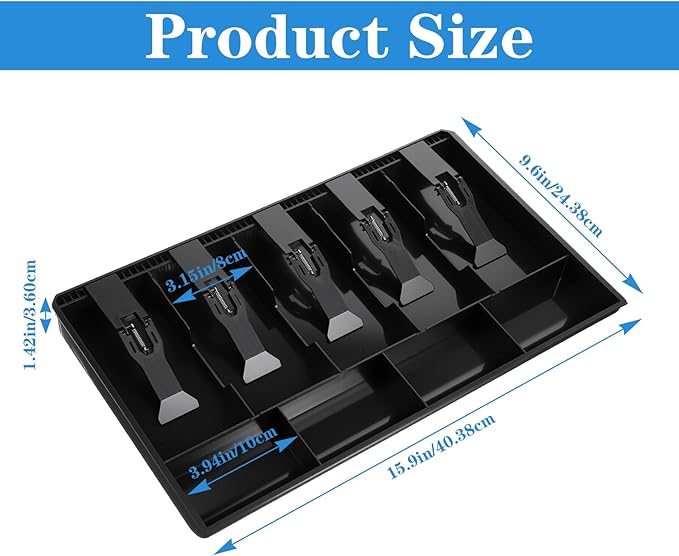 2 Pcs Cash Register Drawer Insert Tray Organizer with 5 Bill/4 Coin Compartments for Money Storage, Black